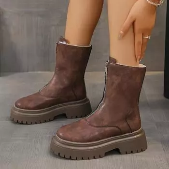 Модные меховые ботинки на платформе для снега, зимние теплые плюшевые кожаные туфли «Челси» для женщин 2025 года, трендовая повседневная обувь в готическом стиле, модные массивные ботинки Mujer 35 чёрный