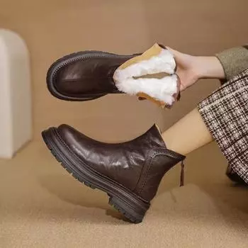 Модные меховые ботинки на платформе с ботильонами, зимние плюшевые теплые кожаные ботинки, бренд 2025 года, трендовые ретро-ботинки «Челси», удобные для ходьбы, нескользящие, женские ботинки 35 чёрный