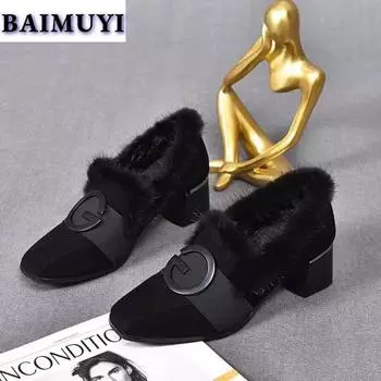 Модные меховые хлопковые мокасины женские туфли на высоком каблуке из замши и плюша на щиколотке 2024 года, зимние брендовые элегантные туфли с квадратным носком из кожи, толстые, теплые, Botas Mujer 35