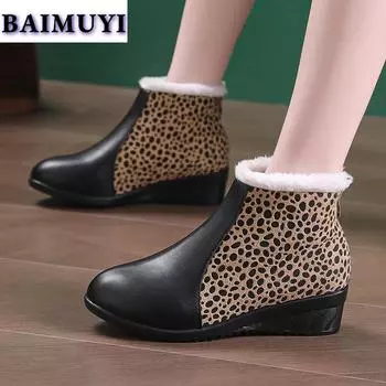 модные меховые танкетки женские зимние ботильоны принт случайная обувь 2025 трендовые туфли на среднем каблуке теплые кожаные ботинки челси туфли-лодочки на молнии женские ботинки 35 чёрный