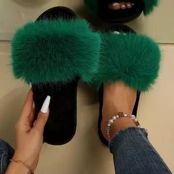 Модные меховые тапочки, женские шлепанцы, повседневная обувь на плоской подошве, женская обувь на низком каблуке, однотонные меховые тапочки размера плюс 36 зелёный