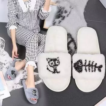 Модные меховые тапочки женские теплые плюшевые Slis плоские низкие каблуки милые животные кошка рыба женская обувь женщина 36 чёрный