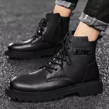Модные меховые теплые зимние мужские сапоги из натуральной кожи, дышащие высокие ботинки, повседневная мужская зимняя обувь для активного отдыха, осенние кроссовки, ботинки 38 чёрный