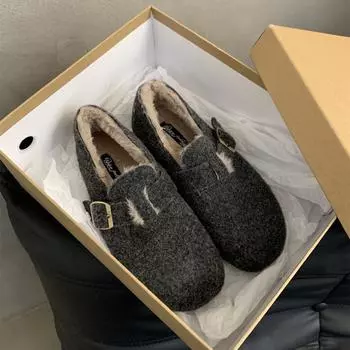 модные меховые туфли на плоской подошве мокасины на платформе замшевые теплые плюшевые хлопковые туфли повседневные тапочки женские зимние 2025 трендовые удобные нескользящие туфли-лодочки 35 черный серый