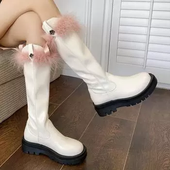 модные меховые туфли на плоской подошве на платформе женские сапоги до колена цветочные туфли 2025 трендовые брендовые повседневные зимние новые ботинки челси модные готические зимние ботинки 35 бежевый