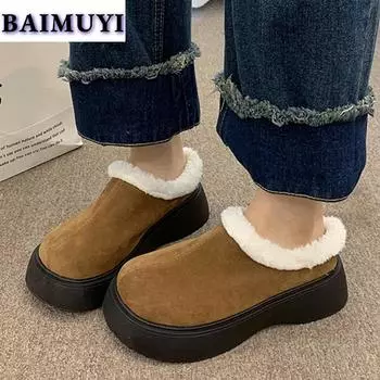 Модные меховые туфли на плоской подошве на платформе женские замшевые зимние ботильоны Теплая обувь 2025 Зимние новые короткие плюшевые спортивные ботинки челси Повседневные кроссовки Botas 35 чёрный
