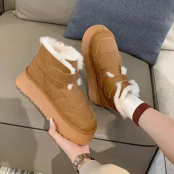 Модные меховые туфли на плоской подошве с платформой, женские ботильоны, зимняя теплая обувь 2025 года, фирменный тренд, новые короткие плюшевые гладиаторские кроссовки для путешествий, Botas Mujer 35 бежевый