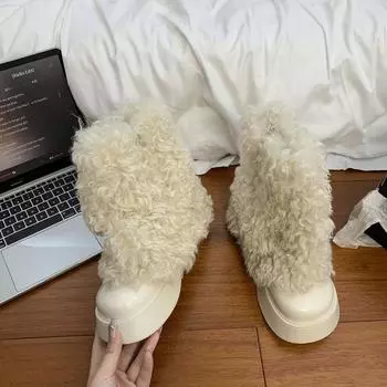 модные меховые высокие каблуки женские ботильоны на платформе плюшевые зимние теплые ботинки зима 2025 тренд удобные прогулочные нескользящие туфли мода Botas Mujer 35 бежевый