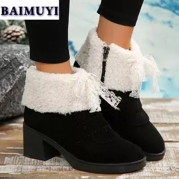 модные меховые высокие каблуки женские ботильоны на платформе зимние ботинки 2025 тренд зима новые короткие плюшевые толстые ботинки челси туфли-лодочки Mujer Botas 35 чёрный