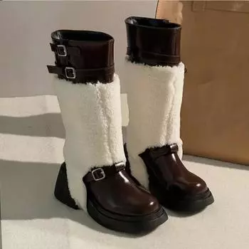 Модные меховые высокие сапоги на платформе для женщин, дизайнерские новые туфли на среднем каблуке для женщин 2024 года, модные зимние сапоги «Челси», женская обувь 35 чёрный