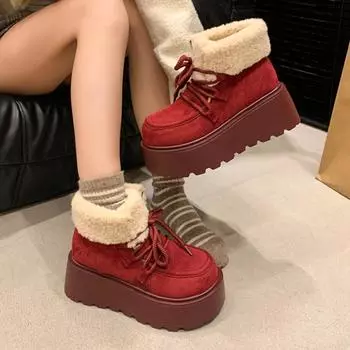 модные меховые замшевые женские ботинки на платформе для снега на плоской подошве теплые плюшевые хлопковые туфли повседневные кроссовки зима 2025 трендовые женские ботинки на шнуровке 35