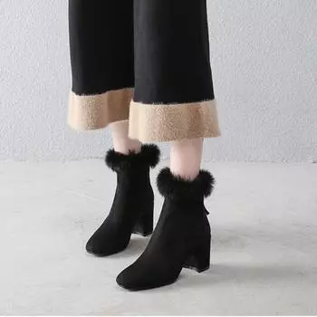 Модные меховые женские элегантные высокие каблуки массивные дизайнерские ботинки замшевые теплые туфли 2025 новый бренд зимние туфли-лодочки с острым носком женские 35 чёрный