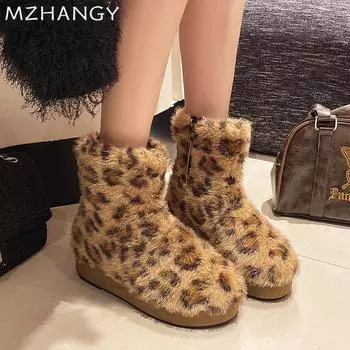 Модные меховые женские ботильоны с леопардовым принтом, зимние туфли на платформе для женщин 2025 года, модные теплые платья, новые зимние короткие плюшевые сапоги Mujer Botas 35 коричневый