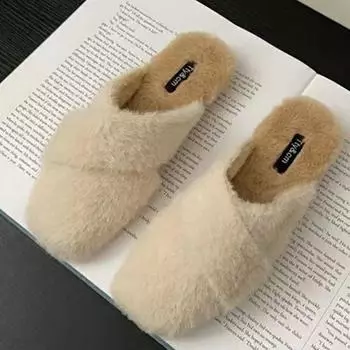 Модные меховые женские тапочки на плоской подошве из хлопка, удобные повседневные туфли для ходьбы 2024 года, зимние теплые новые модные короткие плюшевые сапоги, трендовые женские туфли Zapatos 35 бежевый