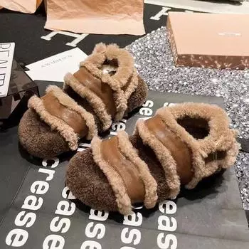 модные меховые женские туфли с открытым носком из хлопка на плоской подошве повседневные кожаные сандалии дизайнерские женские 2024 трендовые осенние зимние сапоги новые Mujer De Zapatillas 35 чёрный