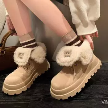 модные меховые женские замшевые ботинки на платформе с лодыжкой на плоской подошве теплые плюшевые повседневные туфли зима 2025 трендовые спортивные нескользящие ботинки на шнуровке женские 35 коричневый