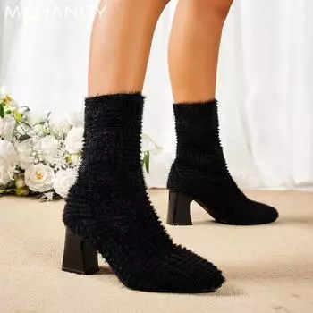 модные меховые женские зимние носки сапоги с острым носком до середины голени массивные туфли женские 2024 тренд элегантные ботинки челси туфли-лодочки зимние новые женские ботинки 35 чёрный