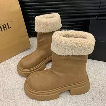 Модные меховые зимние ботинки на платформе для женщин на высоком каблуке, плюшевые кожаные туфли 2025 года, нескользящие повседневные туфли «Челси», массивные модные ботинки для женщин 35 жёлтый