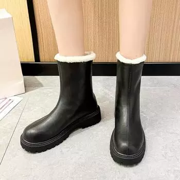 Модные меховые зимние ботинки на платформе с лодыжкой, женские зимние плюшевые теплые туфли на высоком каблуке, брендовые массивные кожаные туфли 2025 года, трендовые ботинки для ходьбы, женские ботинки 35 бежевый