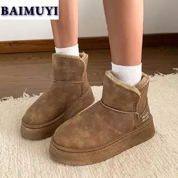 Модные меховые зимние ботинки женские на плоской платформе хлопковые туфли женские 2025 трендовые теплые зимние ботинки из искусственной кожи с плюшем удобные зимние ботинки Zapatos Mujer 36 чёрный