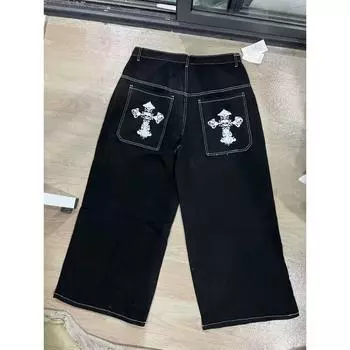 Модные мешковатые джинсы в стиле хип-хоп Y2K с готической вышивкой в стиле панк, прямые широкие джинсовые брюки M чёрный