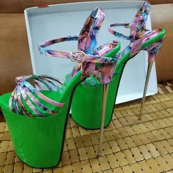 Модные металлические босоножки на очень высоком каблуке 22 см, женские летние туфли на платформе с ремешком, цветочные туфли унисекс на высоком каблуке для вечеринок и танцев, большой размер 50 34 зелёный