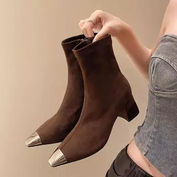Модные металлические квадратные носки на толстом каблуке, женские элегантные ботильоны «Челси», женские эластичные зимние ботинки для женщин Muje 35