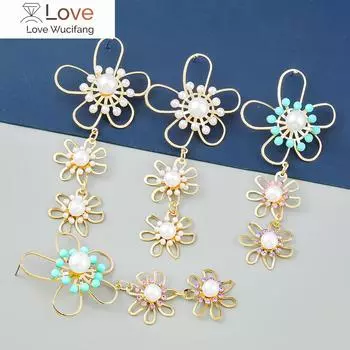 Модные металлические многослойные серьги-цветы с имитацией жемчуга для женщин, преувеличенные серьги-подвески, аксессуары для банкетных украшений 5cm