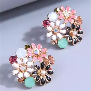 Модные металлические серьги-гвоздики со сладким насыщенным цветком и кристаллами, простые круглые серьги-гвоздики с темпераментом, изысканные серьги с капающим маслом разноцветный