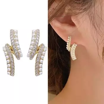 Модные металлические серьги со стразами и жемчугом для женщин, геометрические серьги-подвески, вечерние ювелирные изделия, подарок