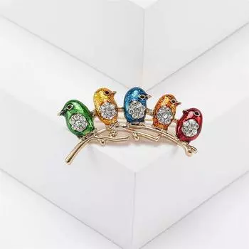 Модные милые эмалированные броши с 5 птицами для женщин, металлические красочные инкрустированные стразами, повседневная очаровательная брошь, булавки, ювелирные изделия, подарки для девочек