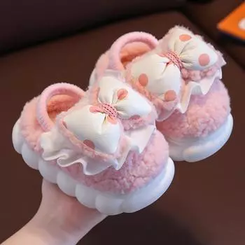 Модные милые детские хлопковые тапочки для девочек, принцесса, бант, бархатные термообувь, зимние домашние тапочки из хлопка 22-23 inner length 14cm розовый