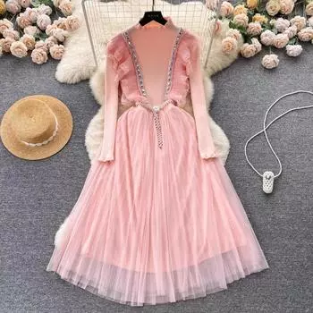 Модные милые девушки с камнями и бриллиантами, вязаный свитер, сшитое сетчатое плиссированное платье, милые кавайные тюли с жемчугом и цветочным поясом, вечерние платья миди One Size бежевый