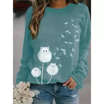 Модные милые кофты с изображением одуванчика и кота, цветочный 3D-принт, женские новые толстовки с круглым вырезом и длинным рукавом, пуловеры Y2k, верхняя женская одежда S
