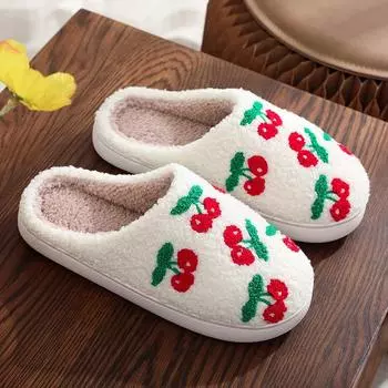 Модные милые маленькие вишневые мягкие плюшевые тапочки женские удобные нескользящие домашние тапочки для спальни женские зимние теплые домашние хлопковые тапочки 36-37 вишня