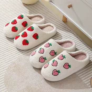 Модные милые мультяшные фруктовые плюшевые тапочки женские домашние тапочки из искусственного меха теплые женские зимние 2024 года мягкая подошва домашняя хлопковая обувь 36-45 36-37(fit 35-36)