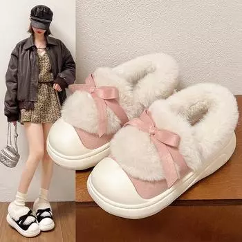 Модные милые плюшевые тапочки с большим бантом 2024 года, новые зимние женские забавные элегантные шерстяные хлопковые тапочки, повседневная теплая домашняя обувь 36-37 чёрный