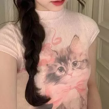 Модные милые розовые футболки с круглым вырезом и принтом кота Y2k Grunge Slim Fit Tops Women 2024 Summer New Short Sleeve Tee Shirt S белый