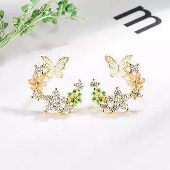 Модные милые серьги-гвоздики с геометрическим узором в виде бабочки, насекомого, цветка из циркона для женщин золотой