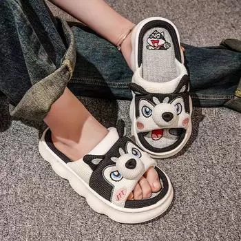 Модные милые тапочки из хлопка и льна с рисунком собаки из мультфильма для мужчин и женщин, мягкая дышащая подошва для пар, домашние тапочки для мужчин, домашняя обувь для пола 44-45