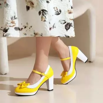 Модные милые туфли Мэри Джейн на высоком каблуке женские туфли-лодочки с бантом из лакированной кожи женские туфли на толстой платформе в стиле Лолита женские туфли для вечеринок с пряжкой неглубокие туфли 34 белый