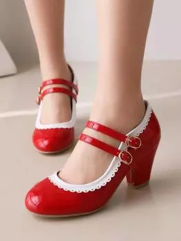 Модные милые женские туфли на каблуках 45 размера, туфли-лодочки в стиле Лолита, туфли Мэри Джейн, большие размеры, элегантные, черные, красные, розовые, на каблуке, для офиса и свадьбы, для девочек 34 чёрный