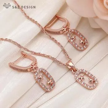 Модные милые звезды с кубическим цирконием, прямоугольные серьги, комплекты ювелирных изделий для женщин, ожерелье цвета розового золота