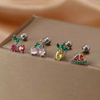 Модные мини-серьги-гвоздики из нержавеющей стали с цирконием для женщин, роскошные милые серьги с фруктами, спиралью для пирсинга козелка, вечерние ювелирные изделия