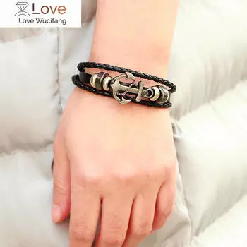 Модные многослойные кожаные плетеные браслеты, якорь, викинг, мужской браслет, ювелирные изделия, модные винтажные панк-аксессуары, подарки на вечеринку чёрный