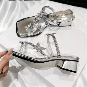 Модные модные блестящие босоножки со стразами и бантом, женские летние босоножки на толстом высоком каблуке, сексуальные тапочки с застежкой-молнией, элегантные босоножки-слайды 35 серебряный