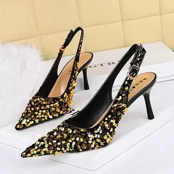 Модные модные босоножки на каблуке с блестящим дизайном, женские летние сексуальные туфли с острым носком и ремешком сзади, тонкие высокие каблуки, элегантные банкетные туфли для женщин 35