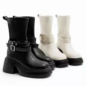 Модные модные ботинки из мягкой кожи на платформе, толстые ботильоны на толстом каблуке, эластичные женские ботинки до середины голени 2024 года, Botas Mujer 35 чёрный