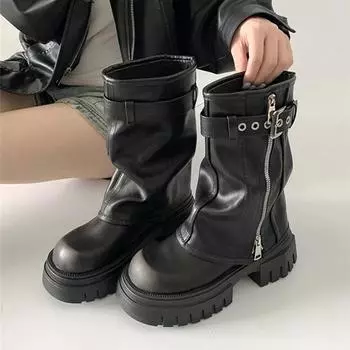 Модные модные ботинки на толстой платформе для женщин 2025 года, роскошные ботильоны с пряжкой на ремне и молнией, толстые рыцарские ботинки для байкеров, ботфорты Mujer 35 коричневый