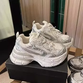 Модные модные дышащие сетчатые 7 см натуральная кожа женские дышащие сетчатые туфли на платформе низкие удобные кроссовки на шнуровке 35 серебряный